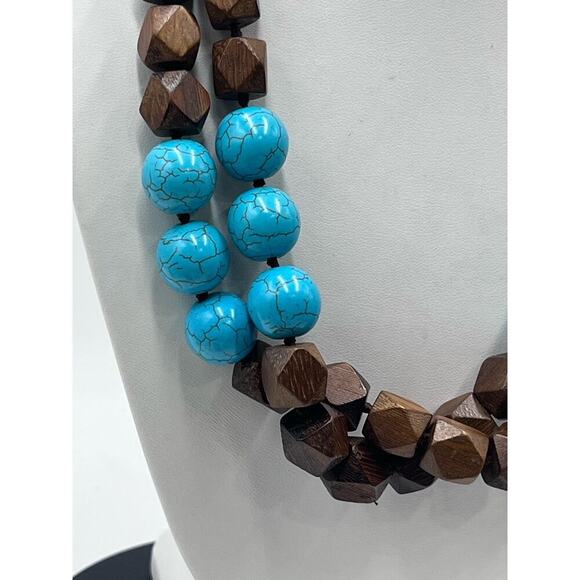Kenneth Jay Lane Vintage Signed Hand KnotTwo Row‎ Wood Bead Turquoise Necklace - Picture 4 of 16